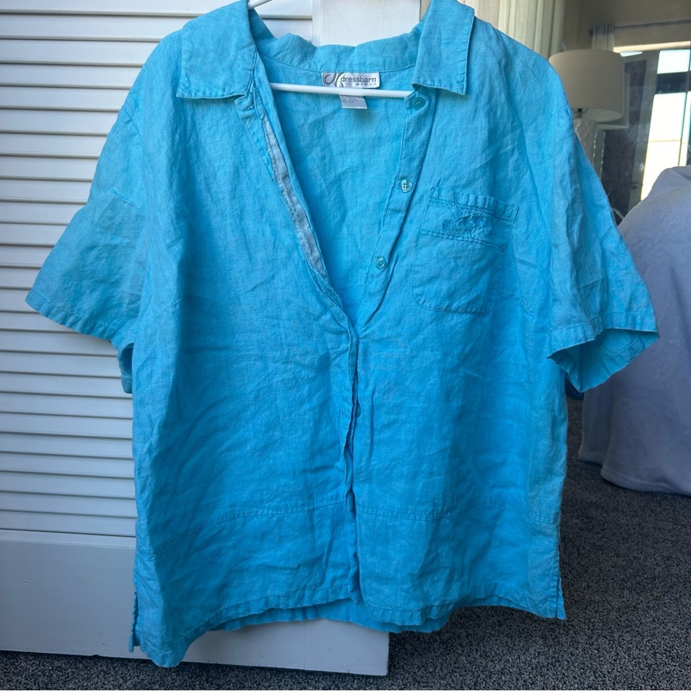 light‎ blue 100% linen dressbarn women’s button down; size: 20W